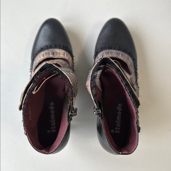 Italmoda Black, Tan, Blue Victorian Heeled Boots with Straps and Lace Trim - Picture 7 of 16